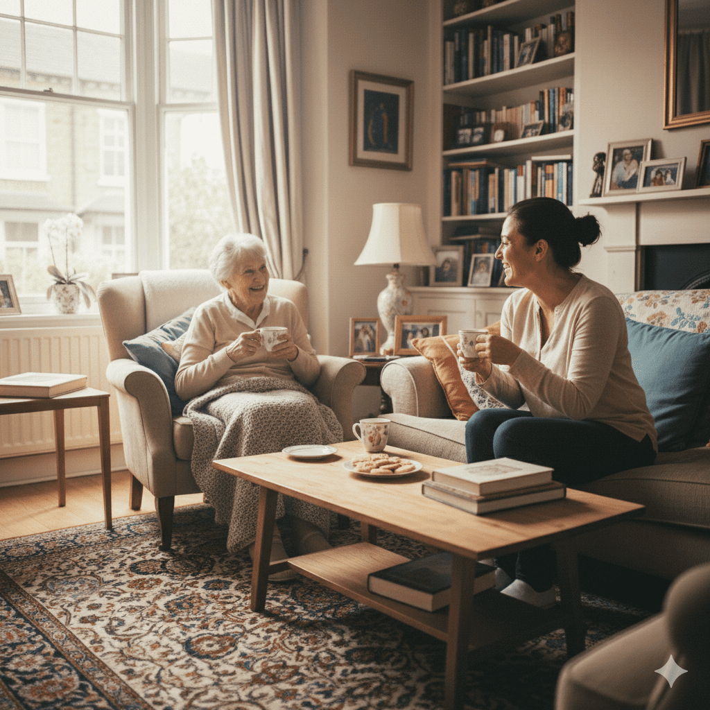 Elderly woman and carer sharing a moment over tea